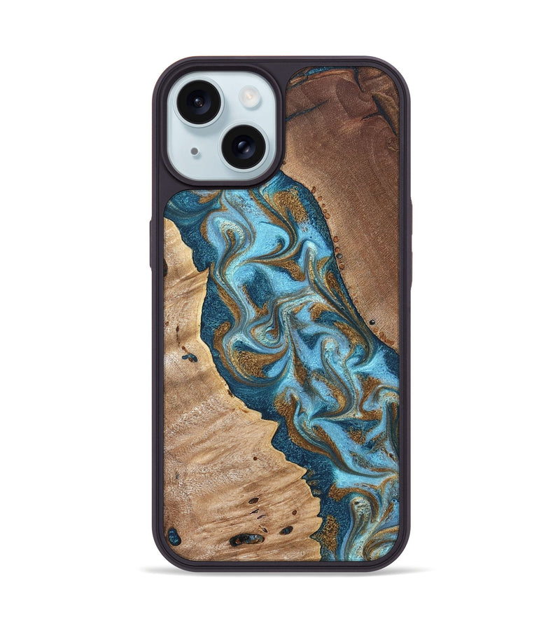 iPhone 15 Wood Phone Case - Bobbie (Teal & Gold, 820198)