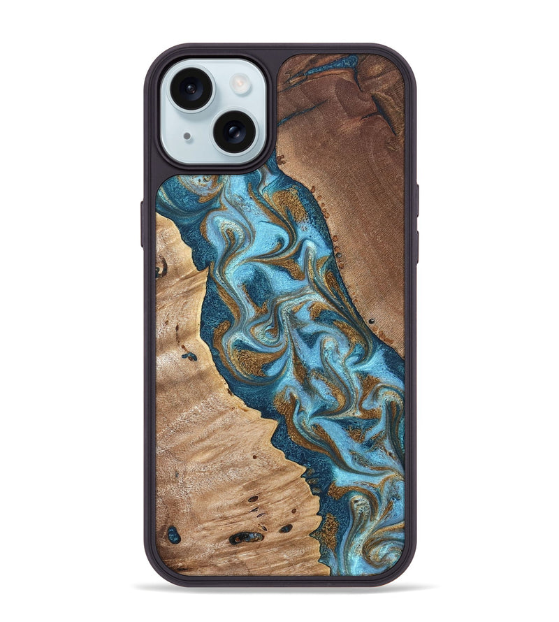 iPhone 15 Plus Wood Phone Case - Bobbie (Teal & Gold, 820198)
