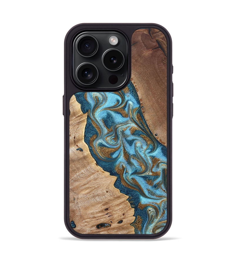 iPhone 15 Pro Wood Phone Case - Bobbie (Teal & Gold, 820198)