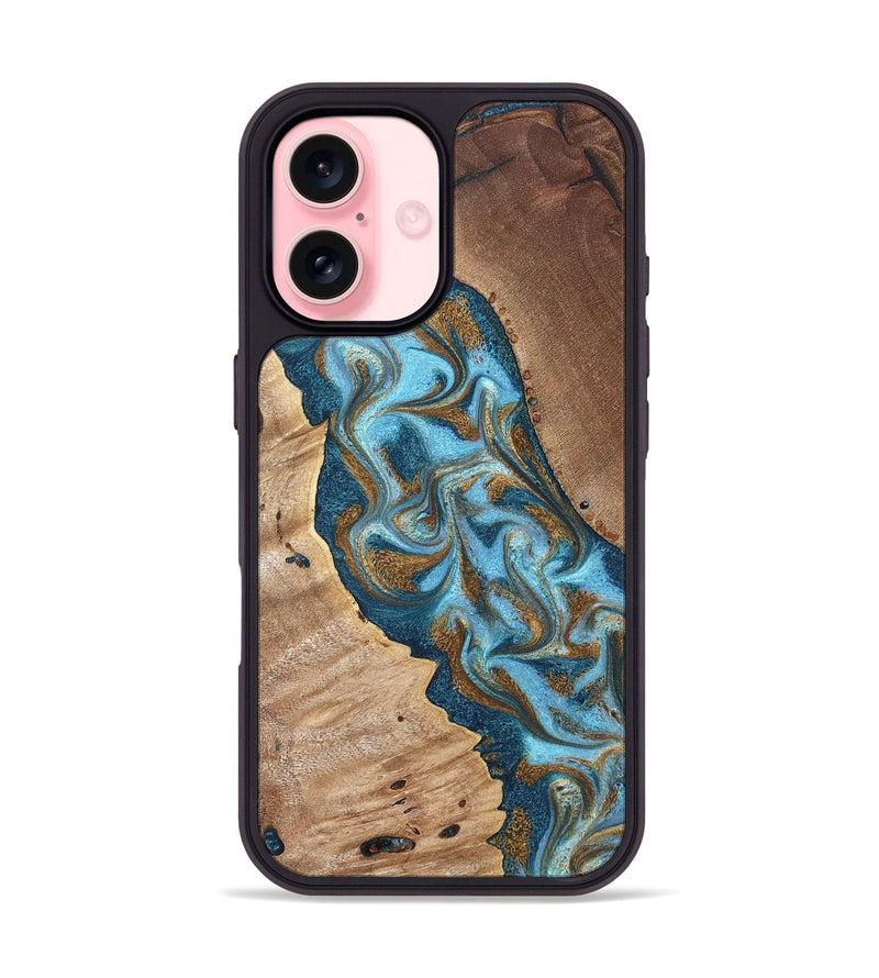 iPhone 16 Wood Phone Case - Bobbie (Teal & Gold, 820198)
