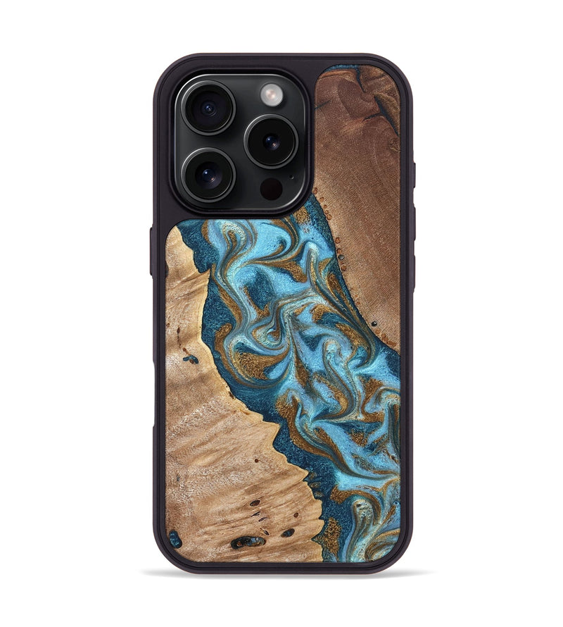 iPhone 16 Pro Wood Phone Case - Bobbie (Teal & Gold, 820198)