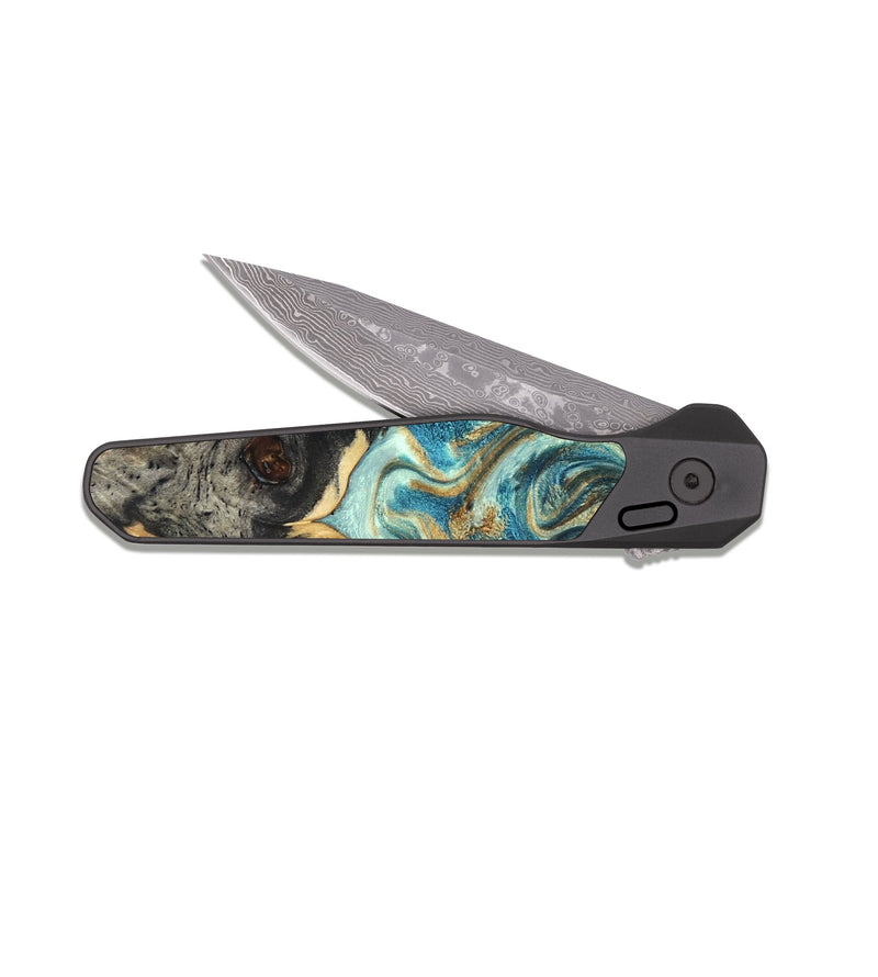 EDC Dark Damascus Wood Pocket Knife - Shmuel (Teal & Gold, 820199)