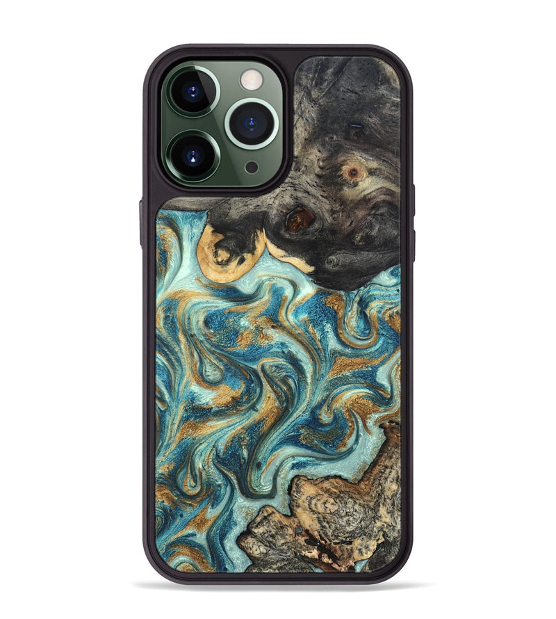 iPhone 13 Pro Max Wood Phone Case - Shmuel (Teal & Gold, 820199)