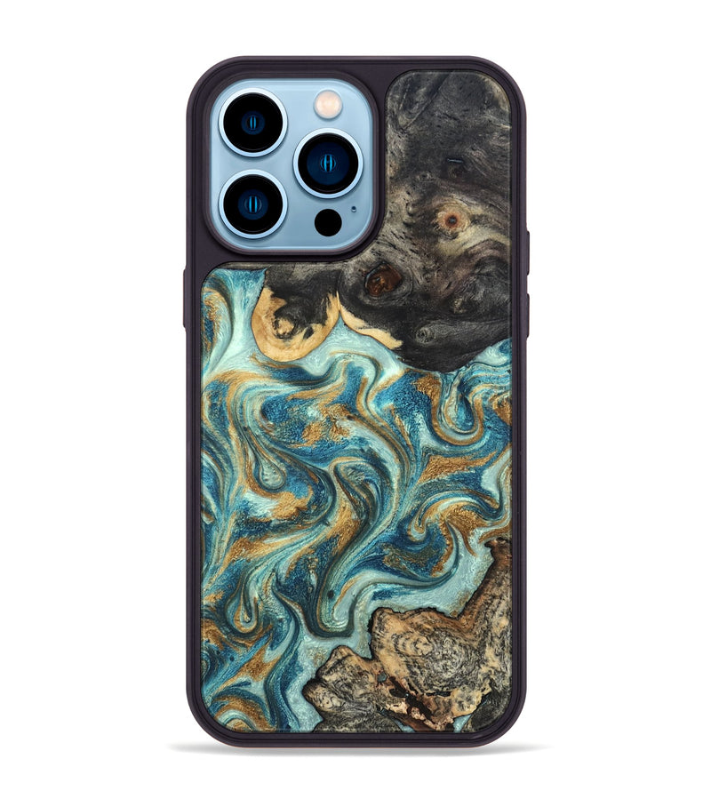 iPhone 14 Pro Max Wood Phone Case - Shmuel (Teal & Gold, 820199)
