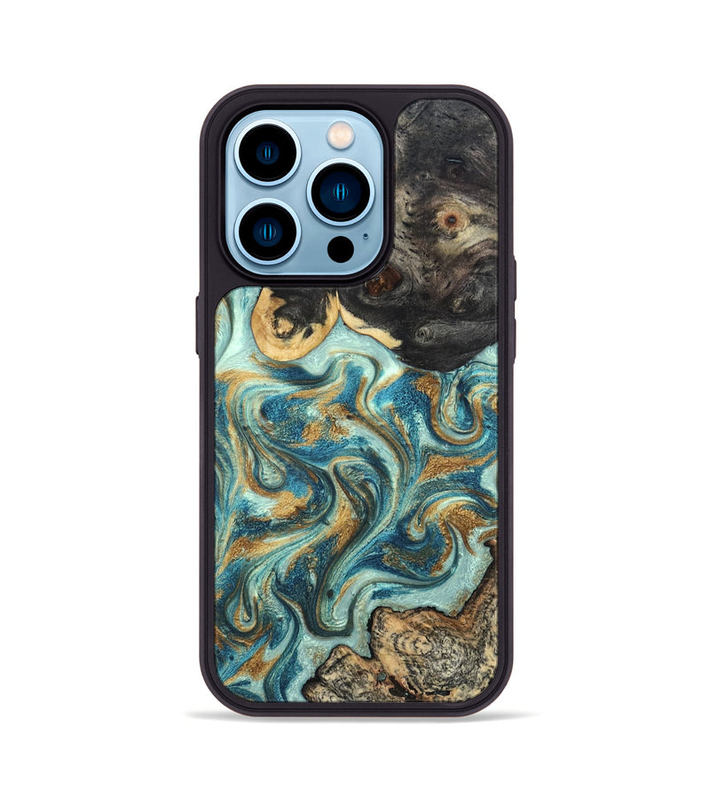 iPhone 14 Pro Wood Phone Case - Shmuel (Teal & Gold, 820199)