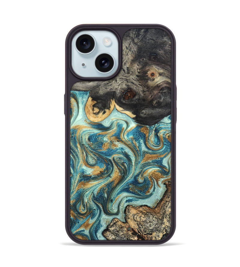 iPhone 15 Wood Phone Case - Shmuel (Teal & Gold, 820199)