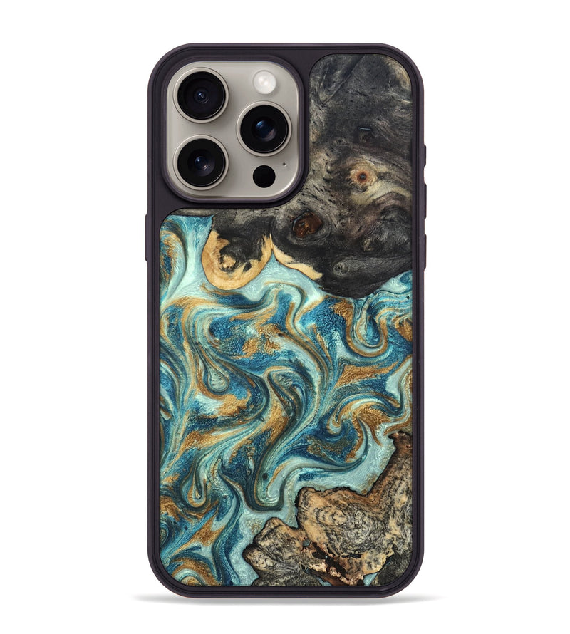 iPhone 15 Pro Max Wood Phone Case - Shmuel (Teal & Gold, 820199)