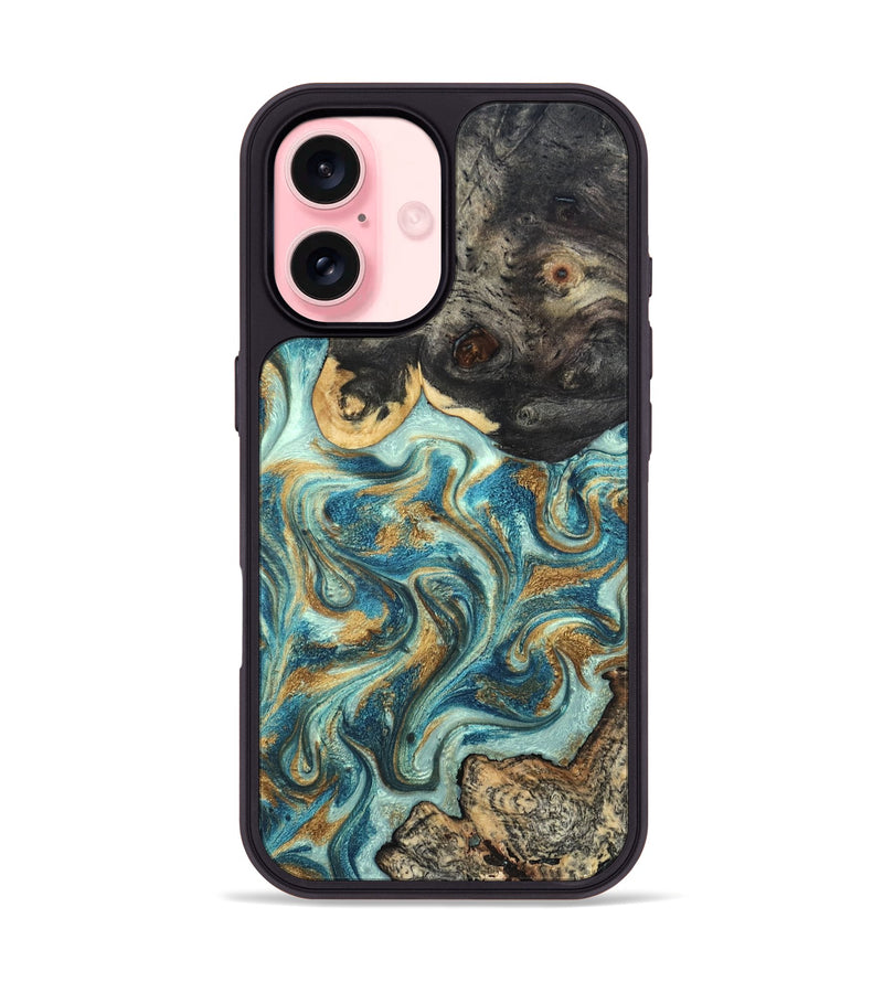 iPhone 16 Wood Phone Case - Shmuel (Teal & Gold, 820199)