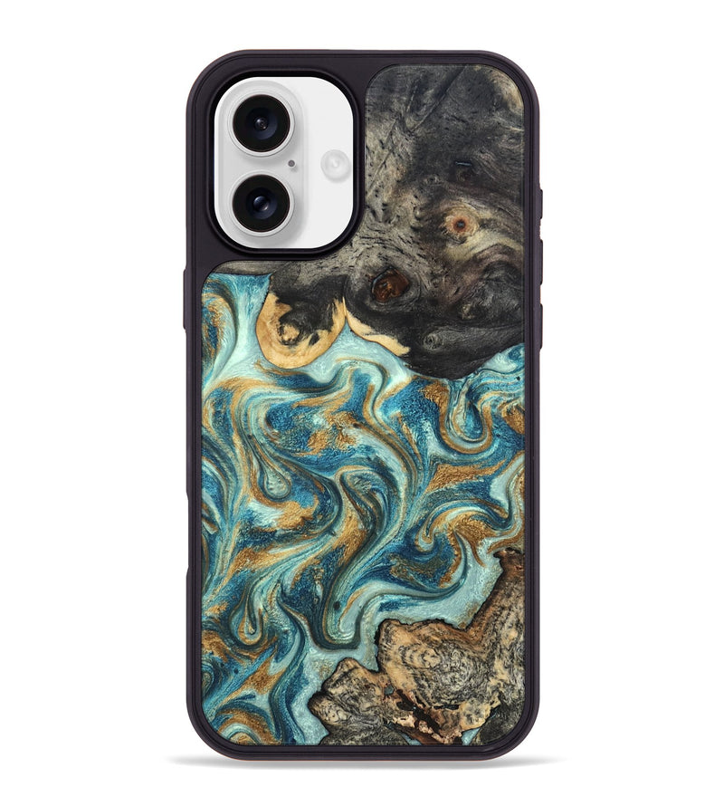 iPhone 16 Plus Wood Phone Case - Shmuel (Teal & Gold, 820199)