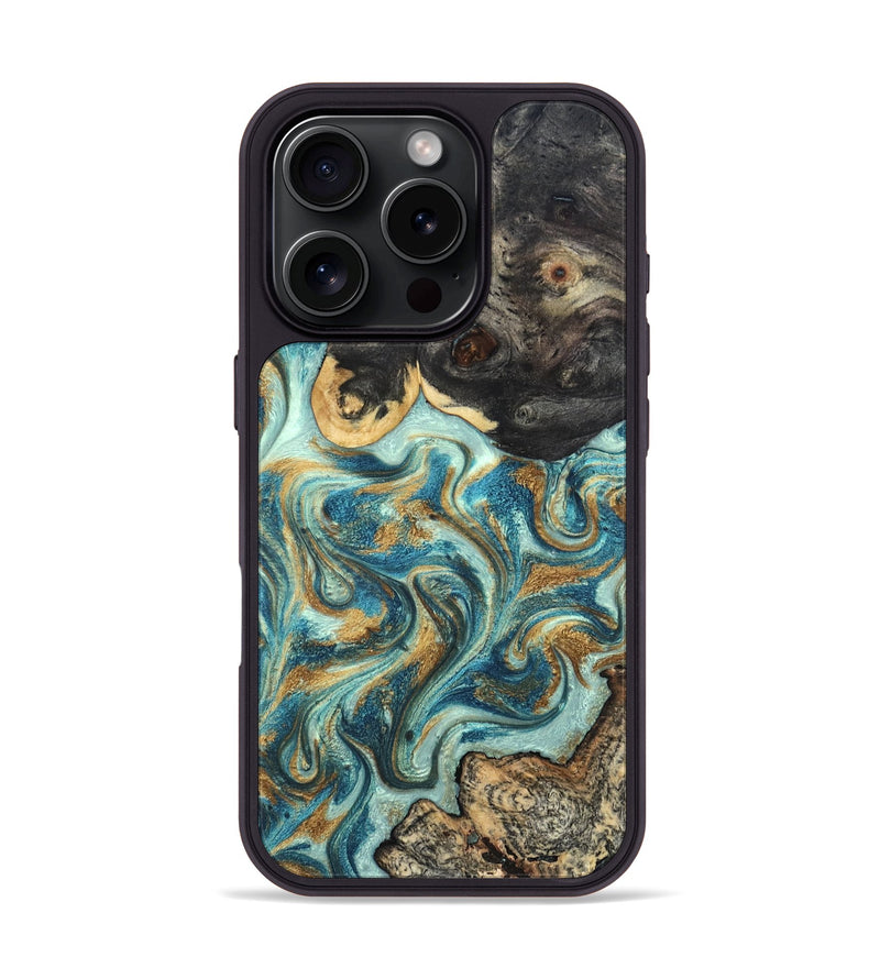 iPhone 16 Pro Wood Phone Case - Shmuel (Teal & Gold, 820199)