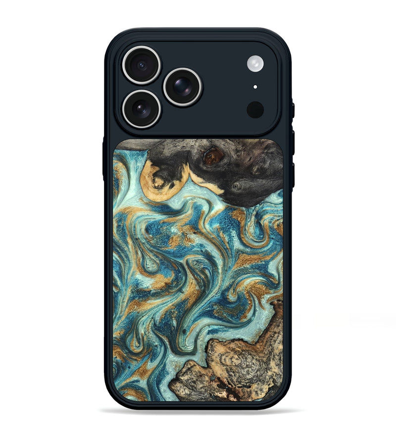 iPhone 17 Pro Max Wood Phone Case - Shmuel (Teal & Gold, 820199)