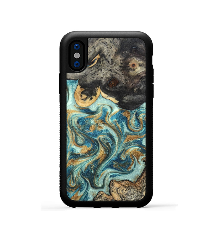 iPhone Xs Wood Phone Case - Shmuel (Teal & Gold, 820199)