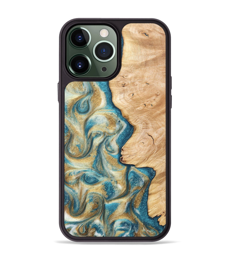 iPhone 13 Pro Max Wood Phone Case - Damion (Teal & Gold, 820200)