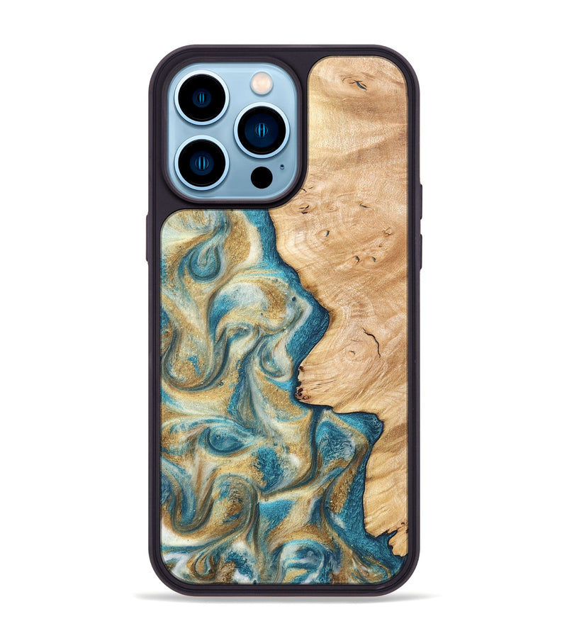 iPhone 14 Pro Max Wood Phone Case - Damion (Teal & Gold, 820200)