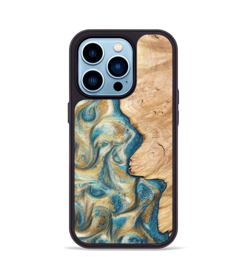iPhone 14 Pro Wood Phone Case - Damion (Teal & Gold, 820200)