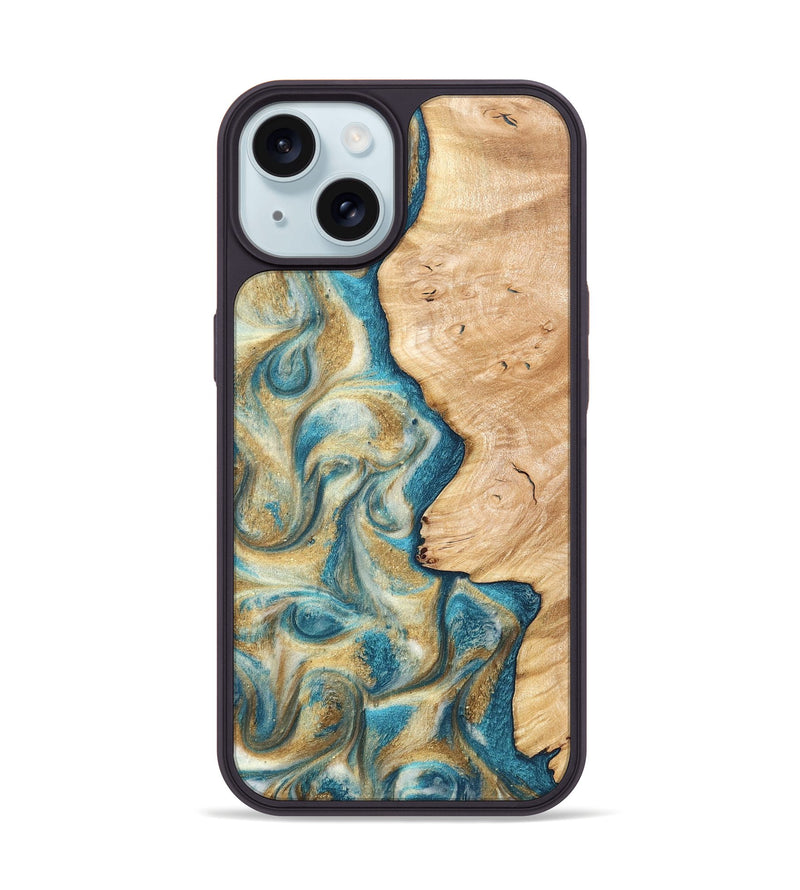 iPhone 15 Wood Phone Case - Damion (Teal & Gold, 820200)