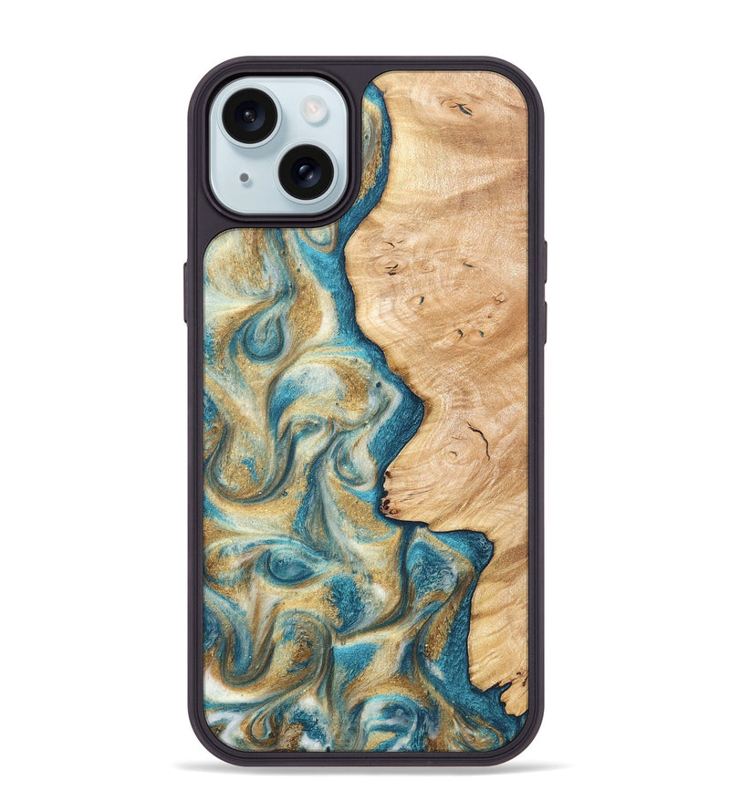 iPhone 15 Plus Wood Phone Case - Damion (Teal & Gold, 820200)