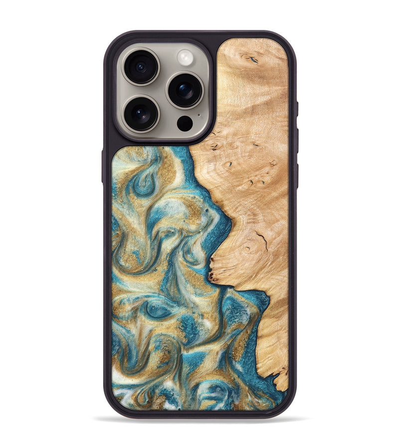 iPhone 15 Pro Max Wood Phone Case - Damion (Teal & Gold, 820200)