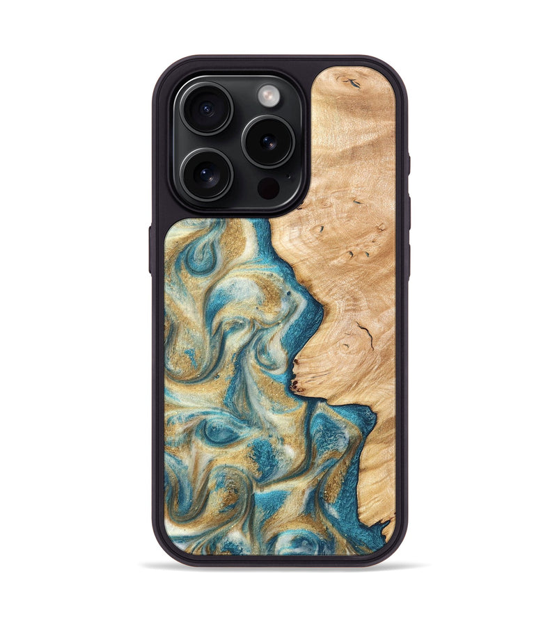 iPhone 15 Pro Wood Phone Case - Damion (Teal & Gold, 820200)