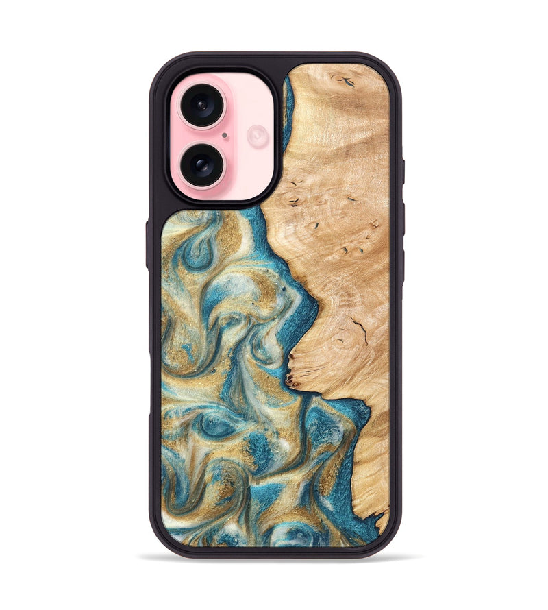 iPhone 16 Wood Phone Case - Damion (Teal & Gold, 820200)