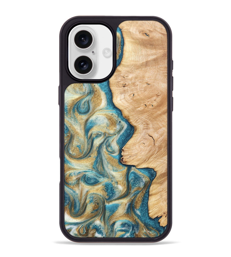 iPhone 16 Plus Wood Phone Case - Damion (Teal & Gold, 820200)