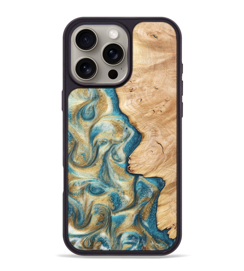 iPhone 16 Pro Max Wood Phone Case - Damion (Teal & Gold, 820200)