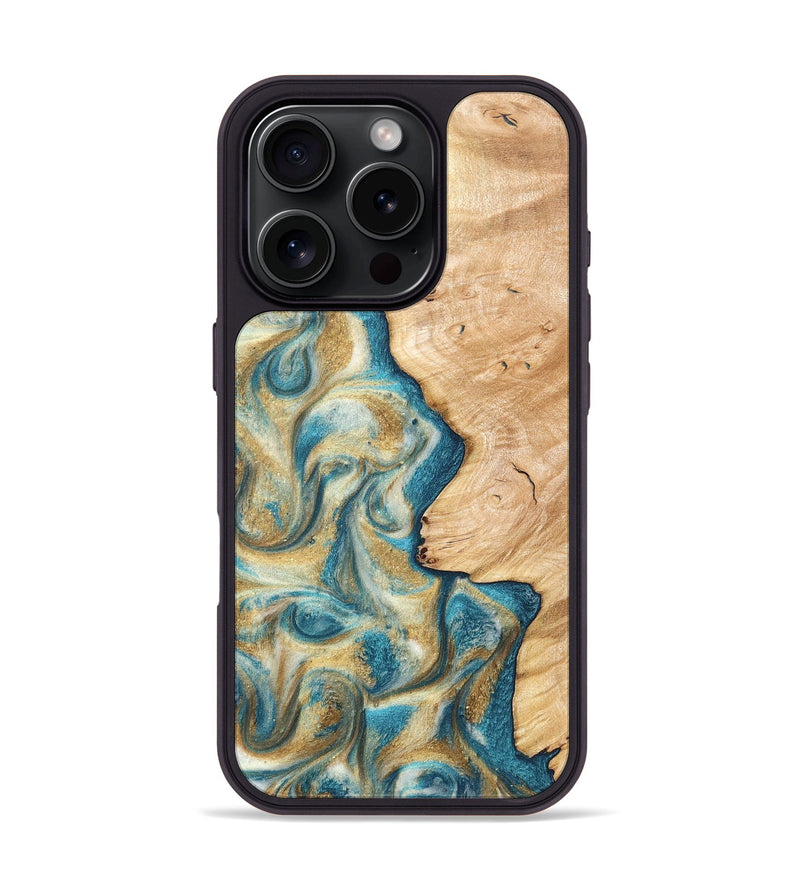iPhone 16 Pro Wood Phone Case - Damion (Teal & Gold, 820200)