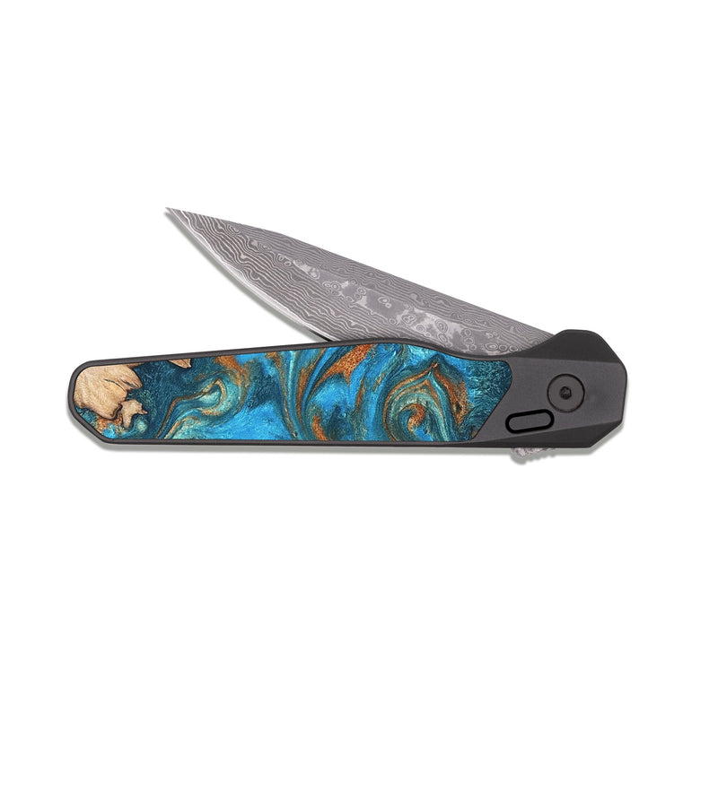 EDC Dark Damascus Wood Pocket Knife - Vern (Teal & Gold, 820236)