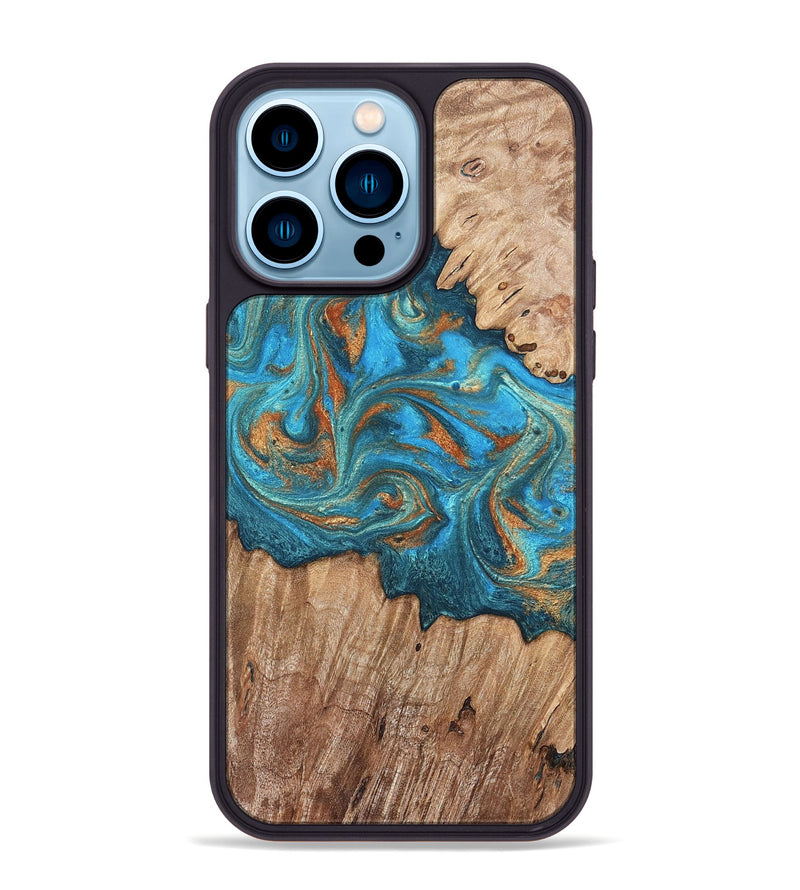 iPhone 14 Pro Max Wood Phone Case - Vern (Teal & Gold, 820236)