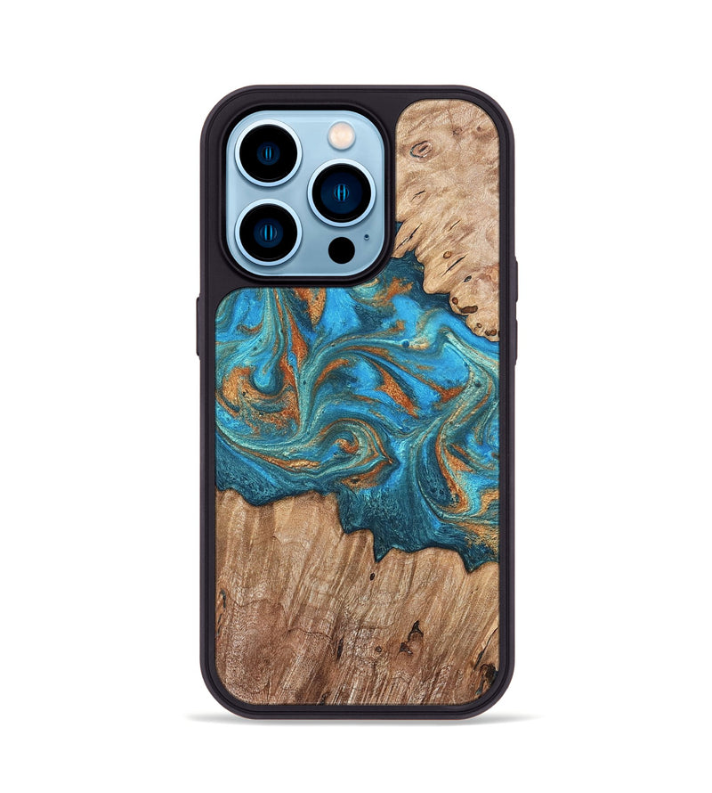 iPhone 14 Pro Wood Phone Case - Vern (Teal & Gold, 820236)
