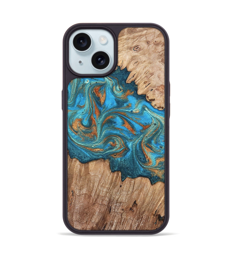 iPhone 15 Wood Phone Case - Vern (Teal & Gold, 820236)