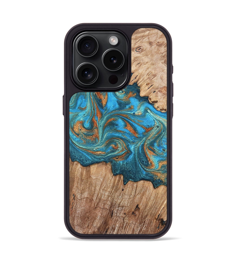 iPhone 15 Pro Wood Phone Case - Vern (Teal & Gold, 820236)