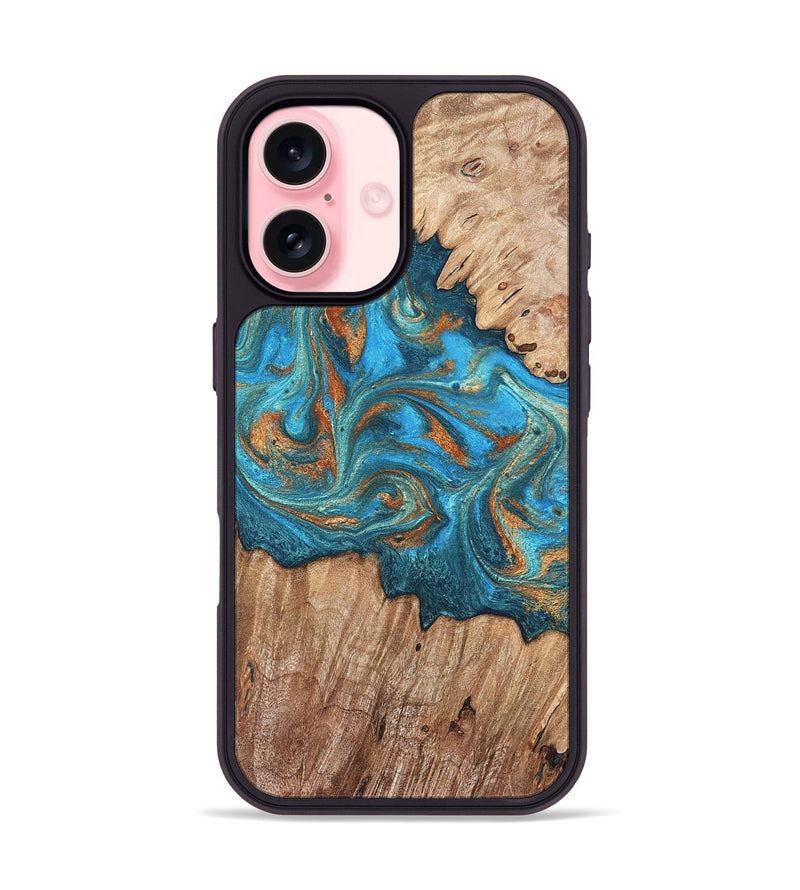 iPhone 16 Wood Phone Case - Vern (Teal & Gold, 820236)