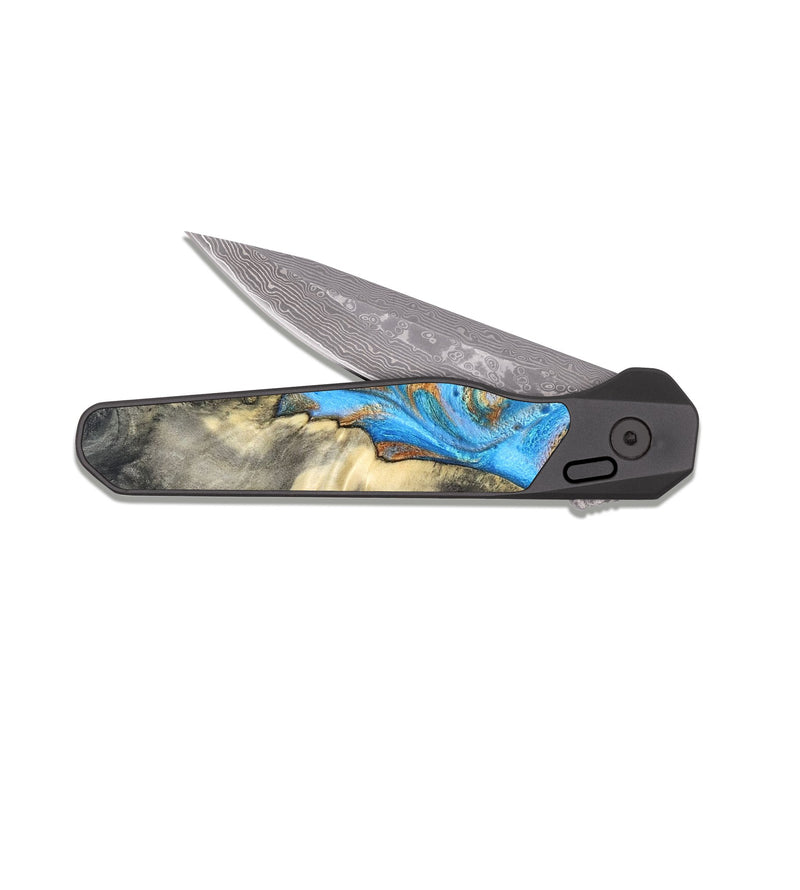 EDC Dark Damascus Wood Pocket Knife - Janis (Teal & Gold, 820237)