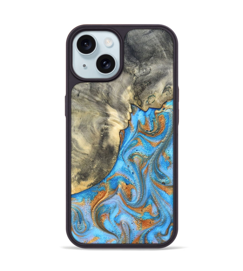 iPhone 15 Wood Phone Case - Janis (Teal & Gold, 820237)