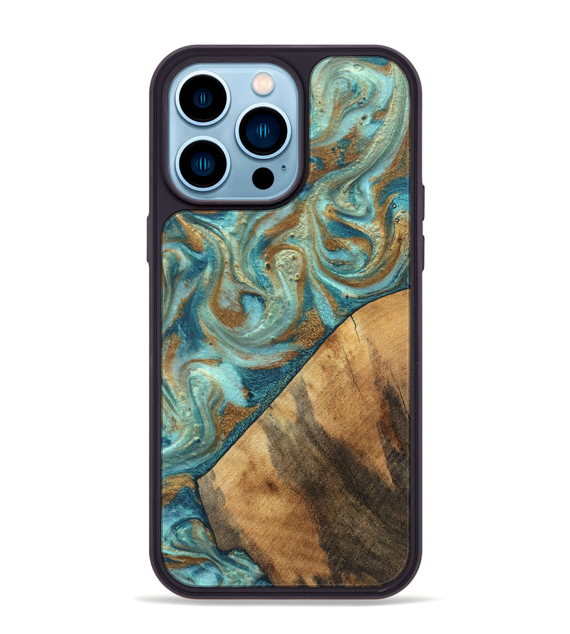 iPhone 14 Pro Max Wood Phone Case - Dave (Teal & Gold, 820566)