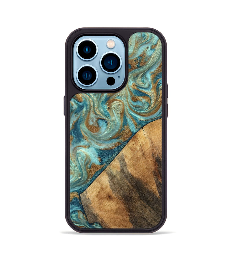 iPhone 14 Pro Wood Phone Case - Dave (Teal & Gold, 820566)