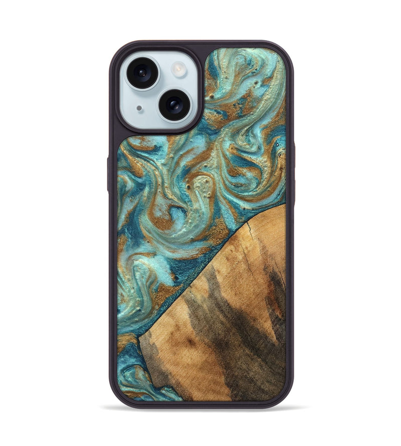 iPhone 15 Wood Phone Case - Dave (Teal & Gold, 820566)