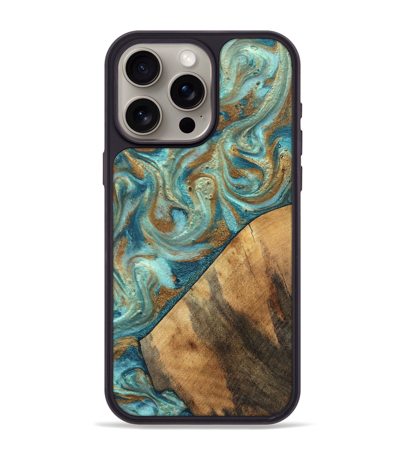 iPhone 15 Pro Max Wood Phone Case - Dave (Teal & Gold, 820566)