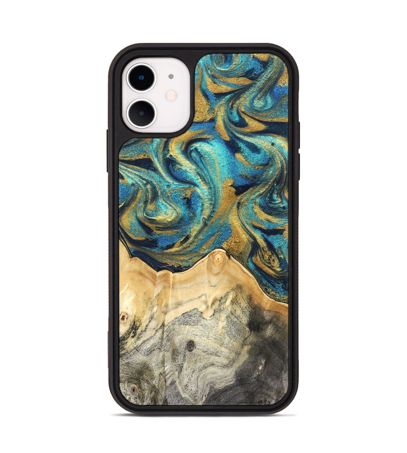 iPhone 11 Wood Phone Case - Carolee (Teal & Gold, 820568)