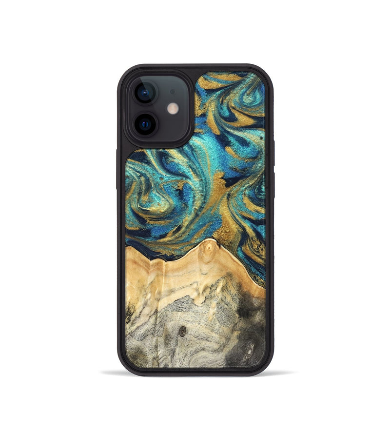 iPhone 12 mini Wood Phone Case - Carolee (Teal & Gold, 820568)
