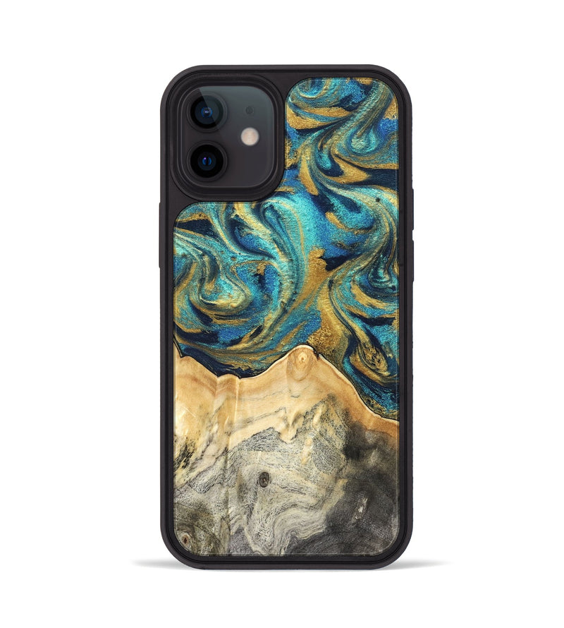 iPhone 12 Wood Phone Case - Carolee (Teal & Gold, 820568)