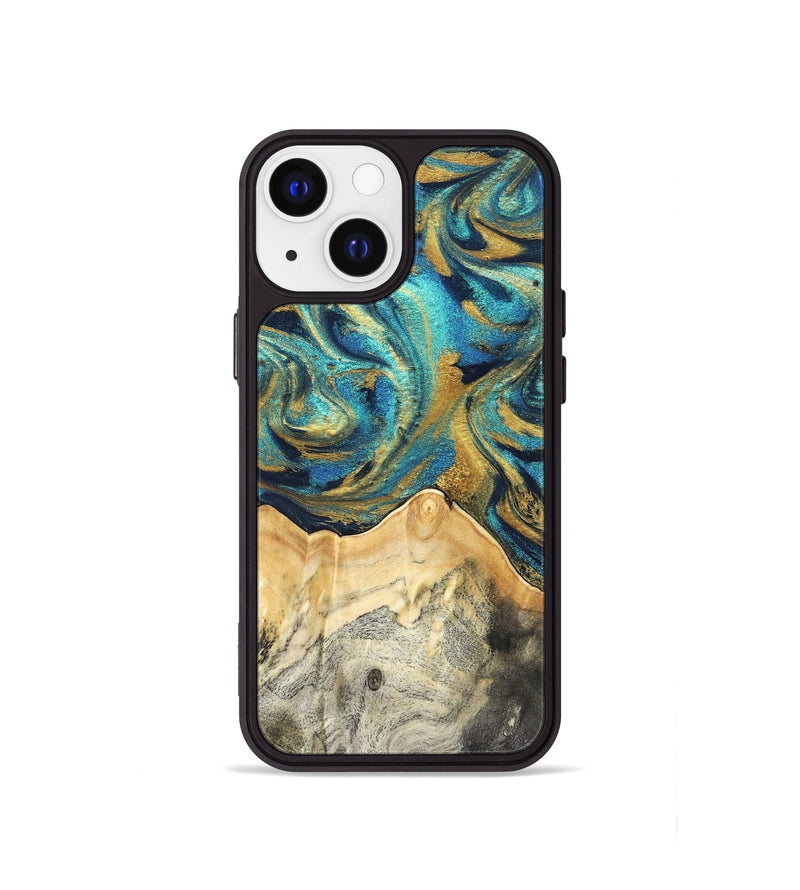 iPhone 13 mini Wood Phone Case - Carolee (Teal & Gold, 820568)