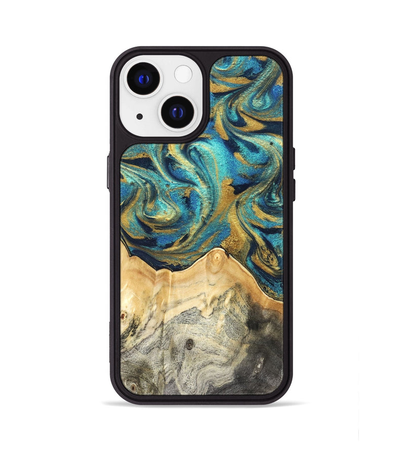 iPhone 13 Wood Phone Case - Carolee (Teal & Gold, 820568)