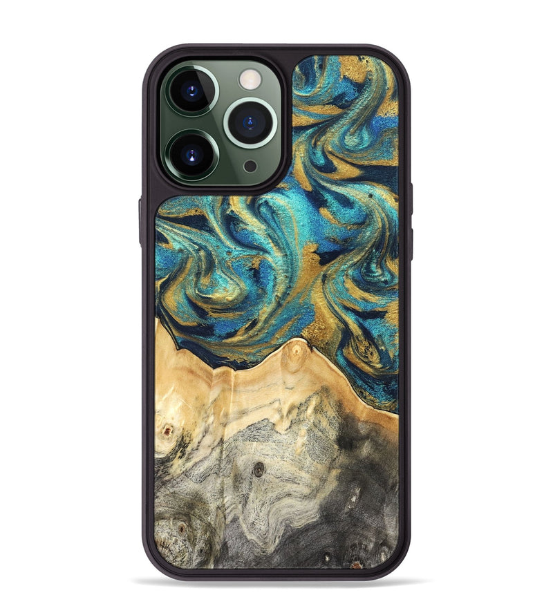 iPhone 13 Pro Max Wood Phone Case - Carolee (Teal & Gold, 820568)