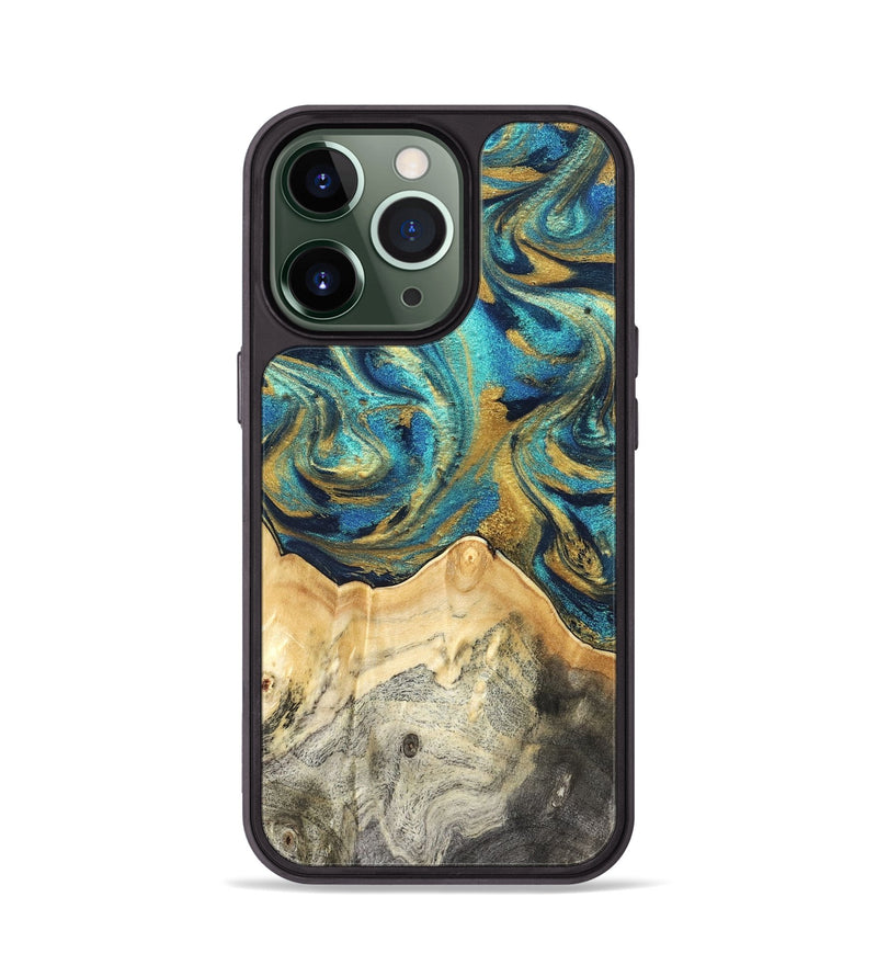 iPhone 13 Pro Wood Phone Case - Carolee (Teal & Gold, 820568)