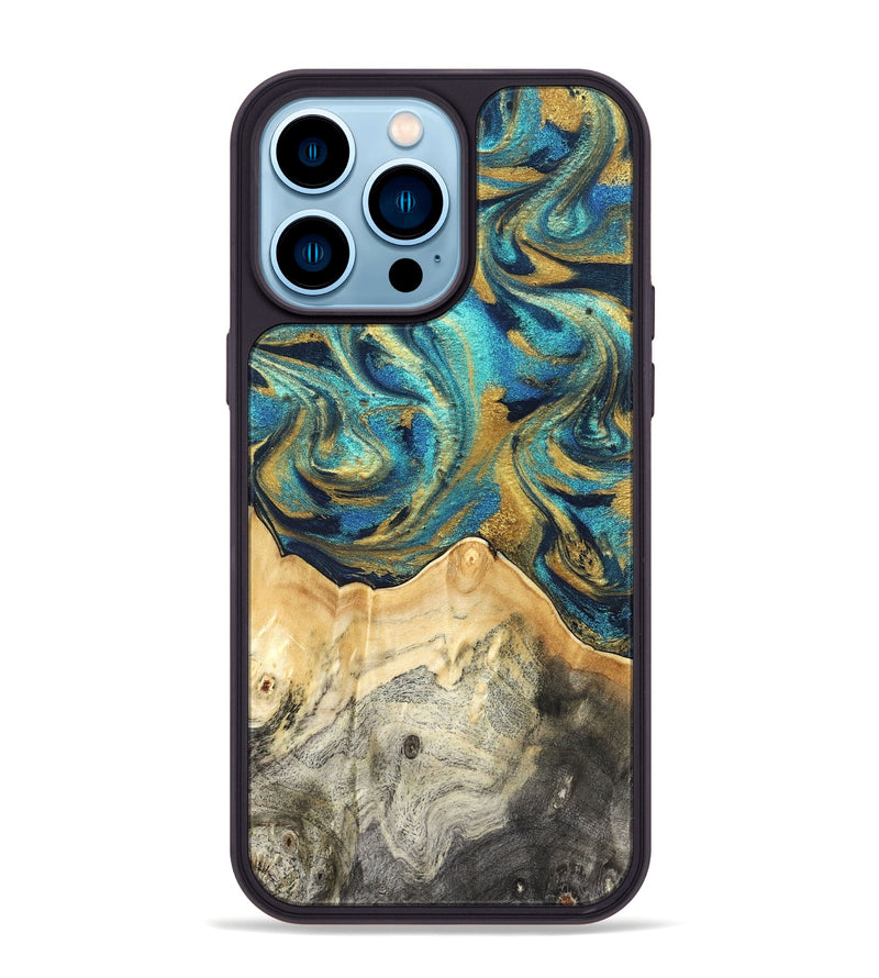 iPhone 14 Pro Max Wood Phone Case - Carolee (Teal & Gold, 820568)