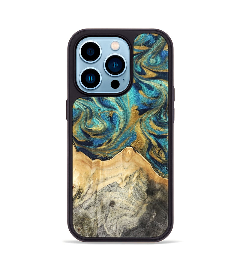 iPhone 14 Pro Wood Phone Case - Carolee (Teal & Gold, 820568)