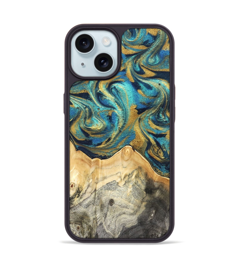 iPhone 15 Wood Phone Case - Carolee (Teal & Gold, 820568)