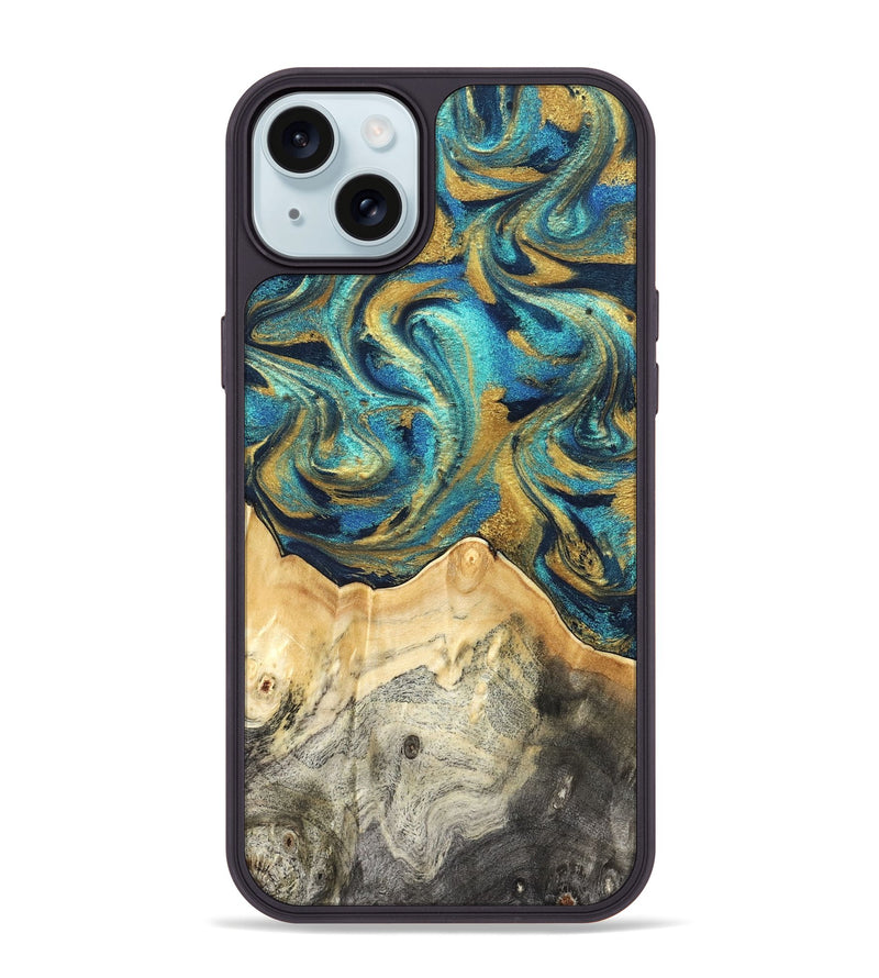 iPhone 15 Plus Wood Phone Case - Carolee (Teal & Gold, 820568)